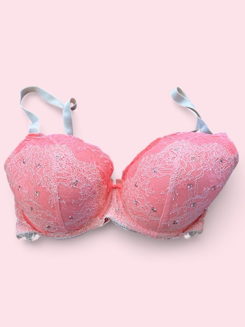 Y2k Inspired Victoria Secret Pink Lace Embellished Push-Up Bra - 34DDD